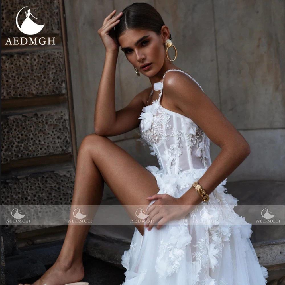 Aedmgh-Robes de mariée sexy A-Line, robe de patients sur mesure, bretelles spaghetti chérie, appliques de fleurs, fente