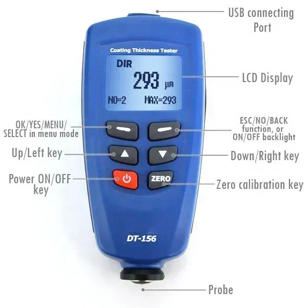 Digital DT-156 Paint Coating Thickness Gauge Meter Tester 0~1250um with Built-in Auto F & NF Probe + USB Cable + CD software