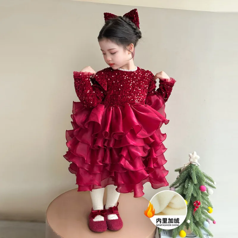 الفتيات الخريف الشتاء Dress2025New الأطفال الراقية الترتر فستان الأميرة ضوء فاخر ثوب عيد ميلاد فستان منتفخ #2