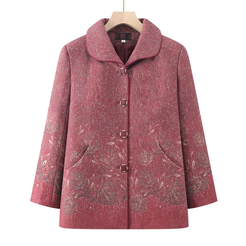 Fashion New Lapel Collar Woolen Jacket Spring Autumn Women's Coats Winter Woman Clothes Printed Vintage Mother Wool Jackets