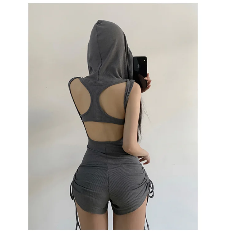 Women Clothing Sexy Hooded Jumpsuit Shorts Summer New Slim Hollow Out Lacing Backless Fashion A-line Shorts Trend High Street