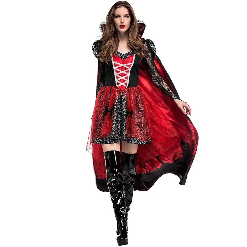 Girls Halloween Witch Costume Makeup Ball Vampire Zombie Costumes Devil Queen Cosplay Costume Red Dress and Cape Two Piece Set