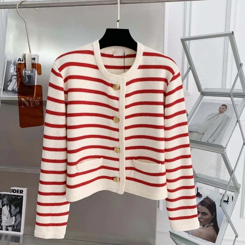

Long Sleeve Striped Cardigan Shirt Sweaters Single Breasted Round Neck Crochet Sweaters Front Button Preppy Style