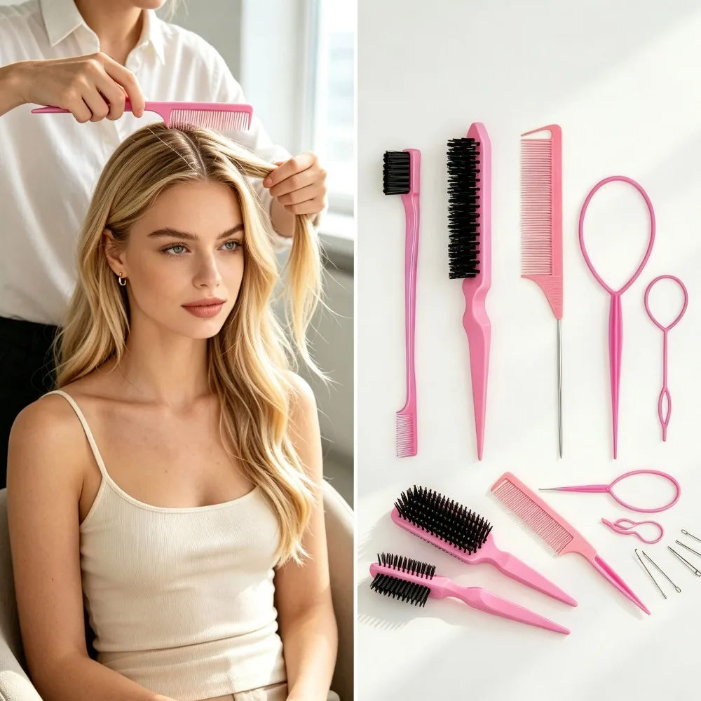 5Pcs Salon Hair Styling Tools Set Rat Tail Comb Dual‑End Eyebrow Brush Triple Row Hairbrush Hair Coiler Accessory Gift