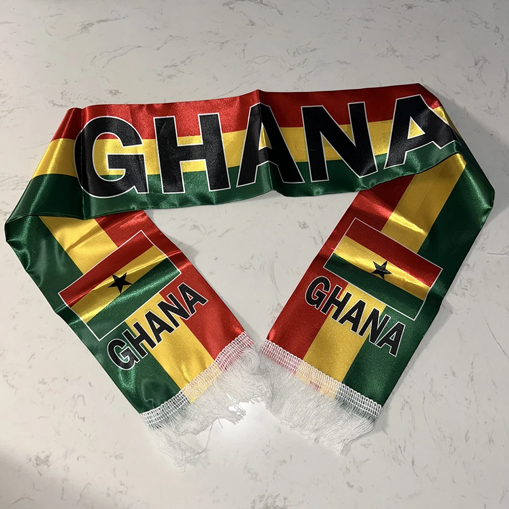 Ghana Scarf 12/14x135cm Double-sided Printed Satin Ghana Flag Scarf Tassels Suitable for 2026 Football Cup, Sports, Events