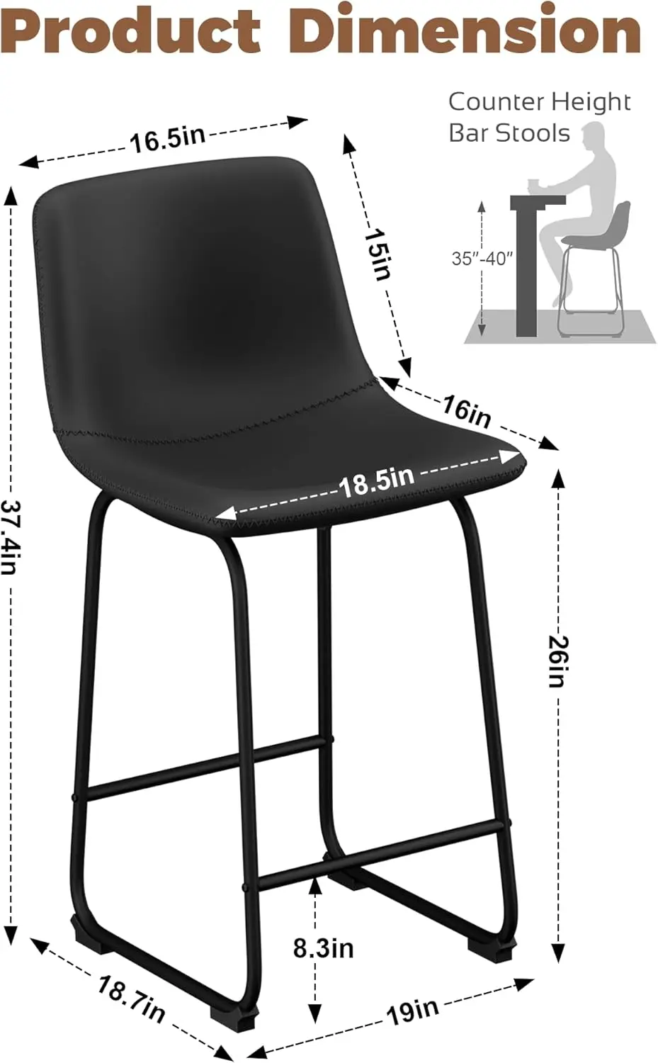 Bar Stools Set of 2, Modern Counter Height Bar Stools with Back, 26inch Faux Leather Bar Stools with Metal Legs and Footrest