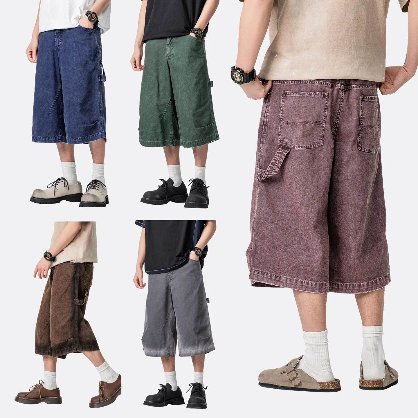 

Men Summer Streetwear Washed Cotton Vintage Wide Leg Calf-length Cargo Pants Cityboy Girl Short Wide Leg Baggy Pant Trousers