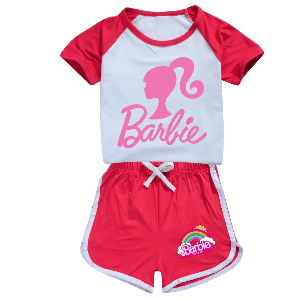 Conjunto infantil de duas peças anime Barbie, camiseta de manga curta, roupas esportivas finas para meninas, roupas de algodão infantil, moda casual, verão