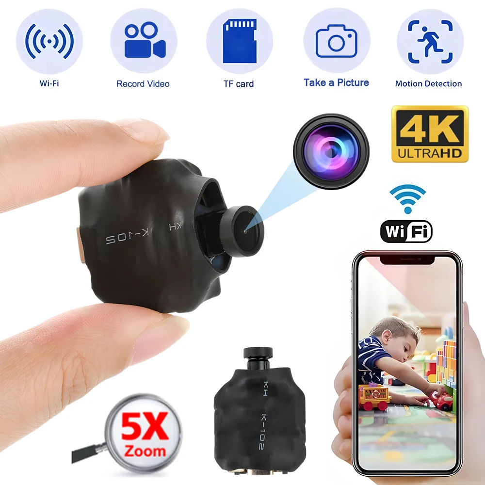4K HD Mini Camera Wireless WIFI Camera Supports 5X zoom, motion detection, remote viewing,120° Live Streaming nanny DIY camera