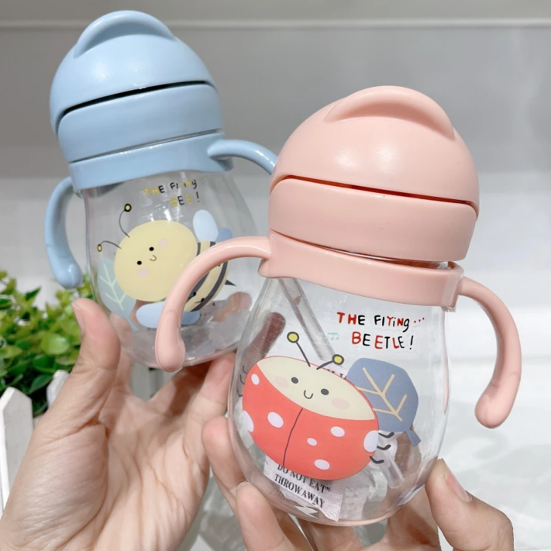 Children's Cartoon Straw Cup Toddler Learning Cup with V-shaped Handle Leak-proof and Anti-choking