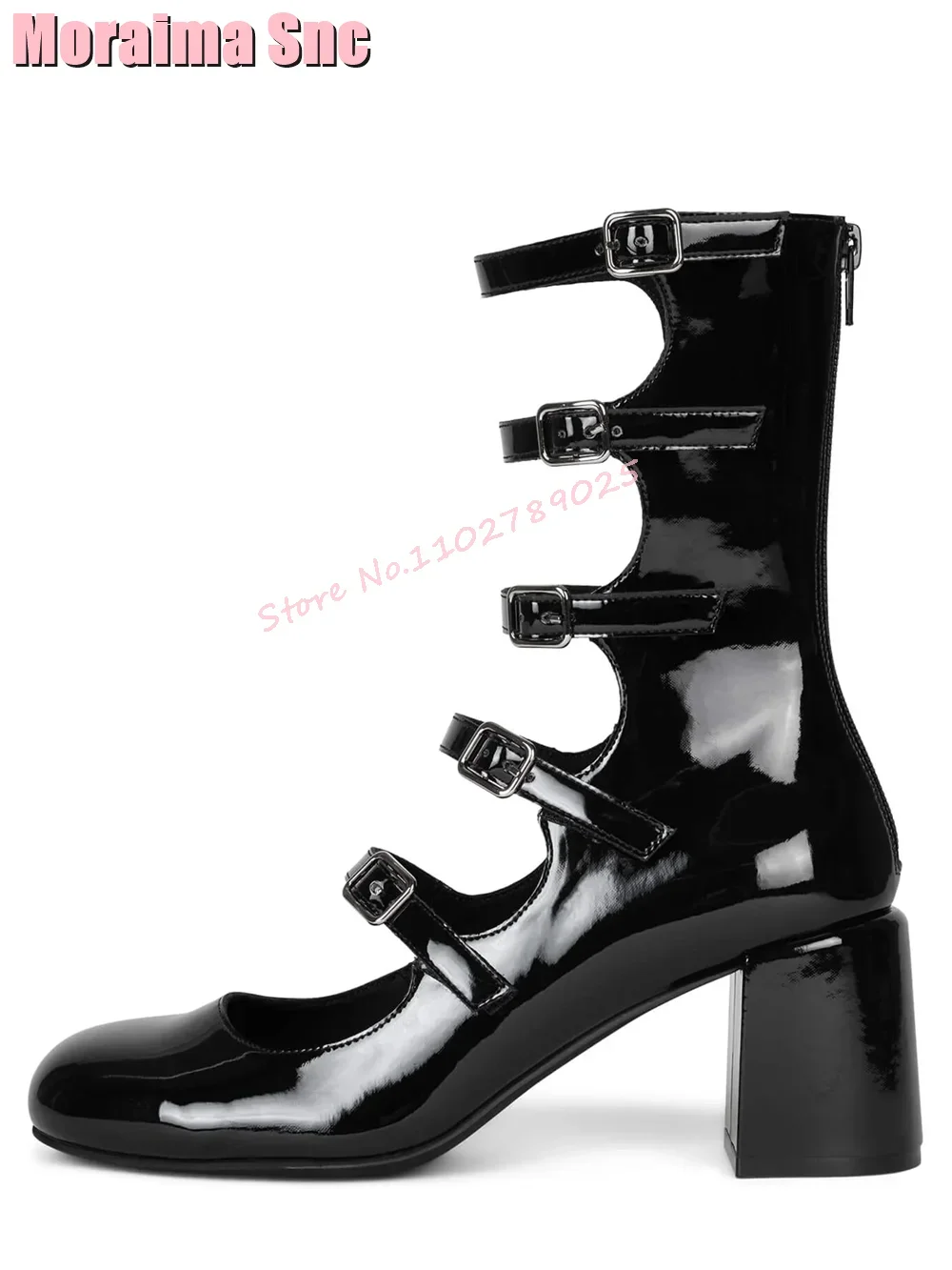Fibbia per cintura Punta tonda Hollow Mary Janes Block Tacco grosso Cerniera posteriore Scarpe da donna in pelle verniciata Moda estiva Bianco Siolid Nuovo