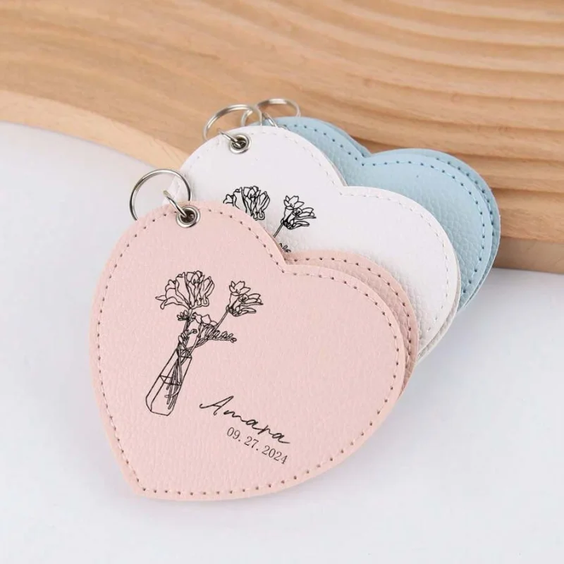 Personalised PU makeup mirror keychain, multiple options, custom text and icon keychains, unique personalized gift