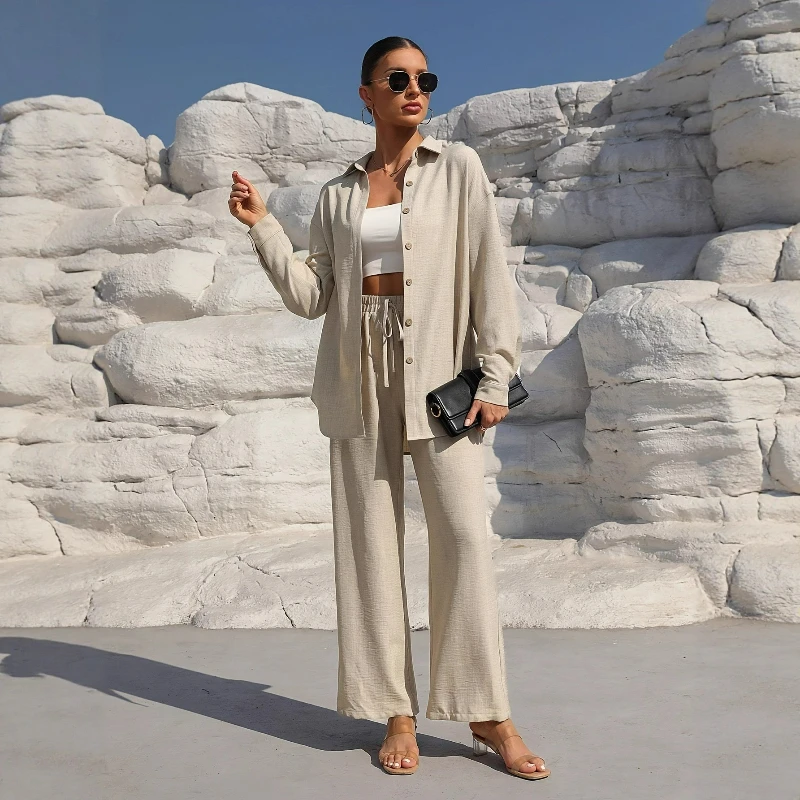 Women Two Piece Pant Sets Shirt Buttons Full Sleeve Lapel Shirts Drawstring Pants Suit Straight Solid Casual Office Lady Autumn