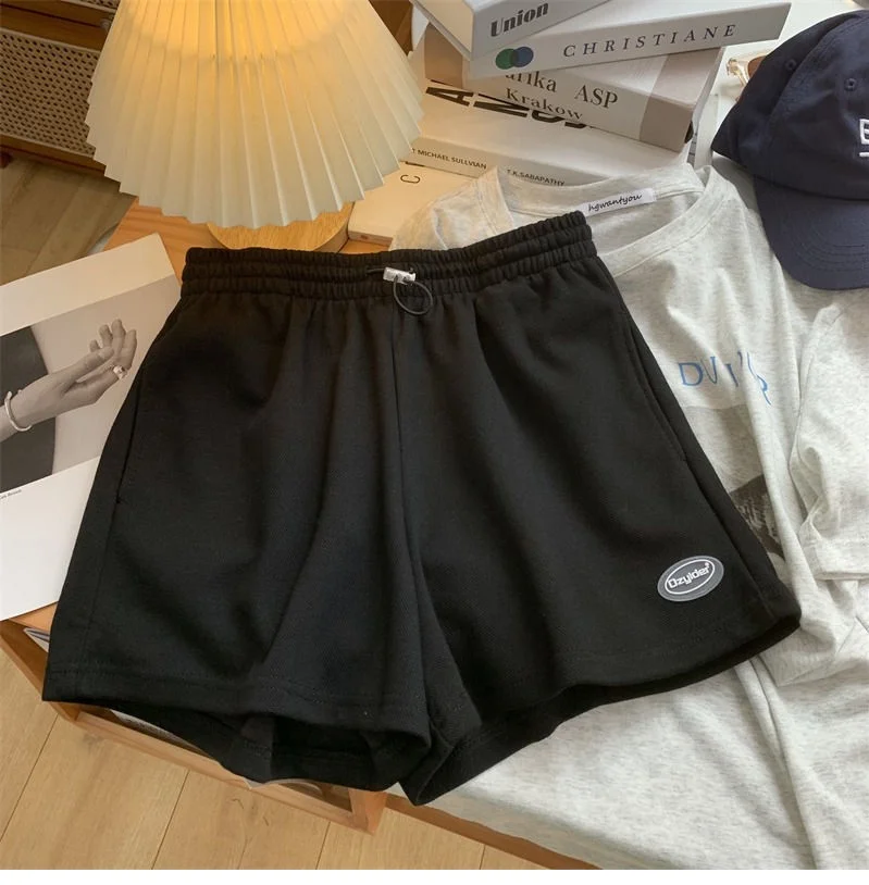 Damen Casual Sweat-Shorts mit elastischem Bund und Kordelzug, lockere Sportshorts, einfarbig, hohe Taille, Streetwear, kurze Hosen für den Sommer – Detail 10