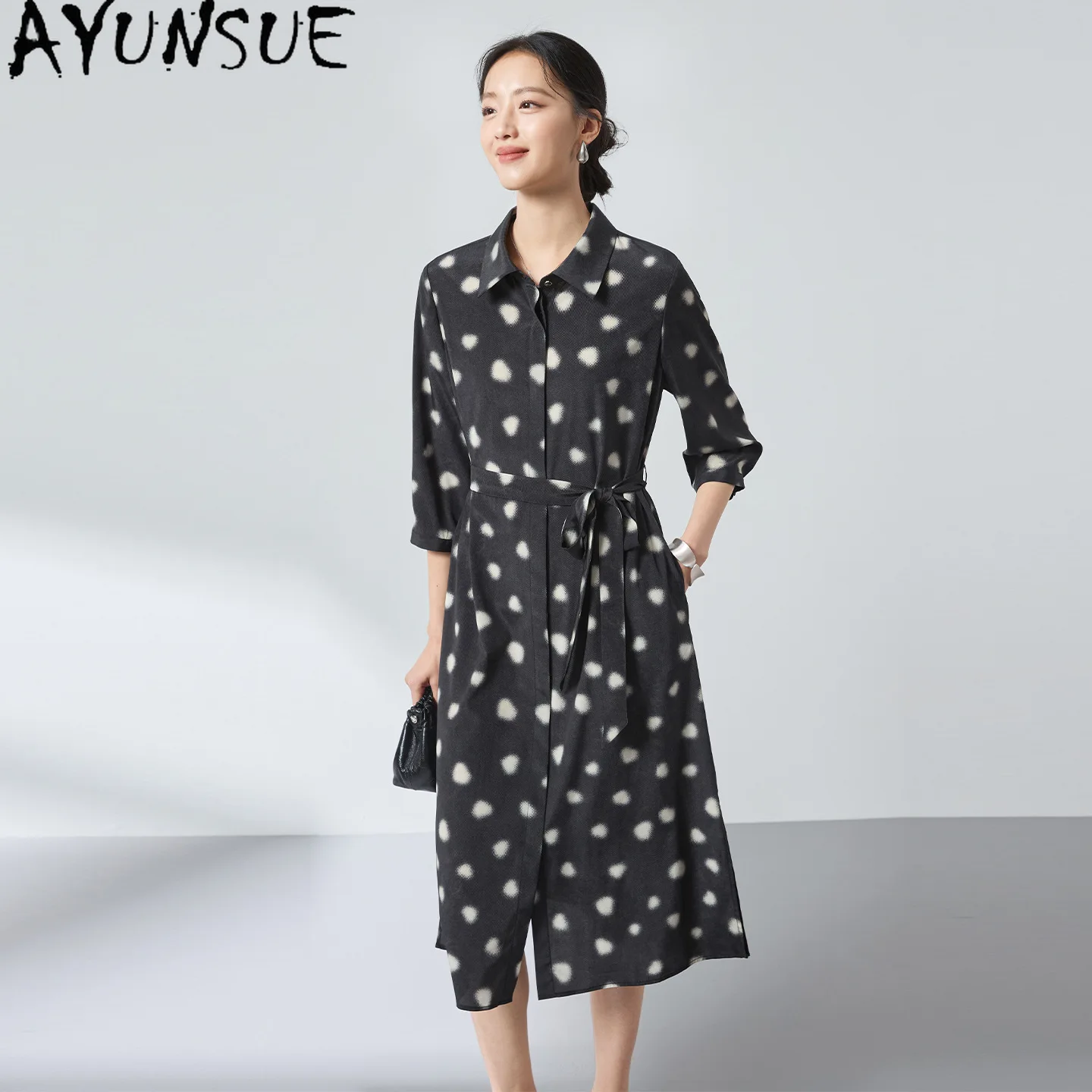 AYUNSUE 16MM 89.9% Mulberry Silk Beach Dress Women Elegant Womens Dresses Waist Summer Dress Lace-up Dots Print Платье Женское
