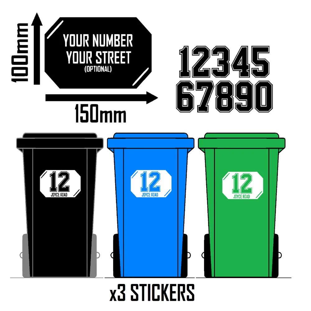 3 X Customized Printed Wheelie Bin Number Stickers House Number Street Name Style 10X15CM