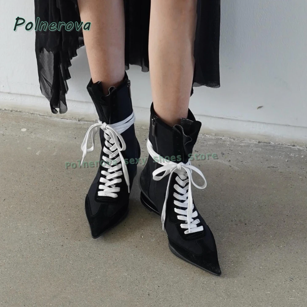 Women's Gothic Pointed Toe Ankle Boots Black Mixed Material Lace Up Wraparound Strap Flat Heel Alternative Fashion Shoes Spring