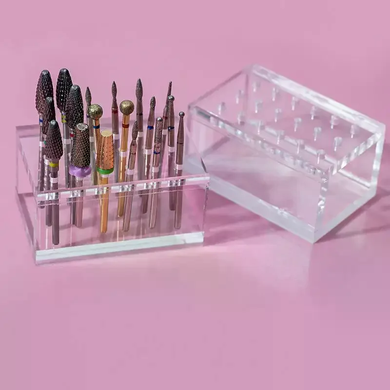 Polishing Head Storage Board Nail Grind Head Organizer 18 Hole Wood/Acrylic Nail Drill Bits Holder Empty Container Manicure Tool