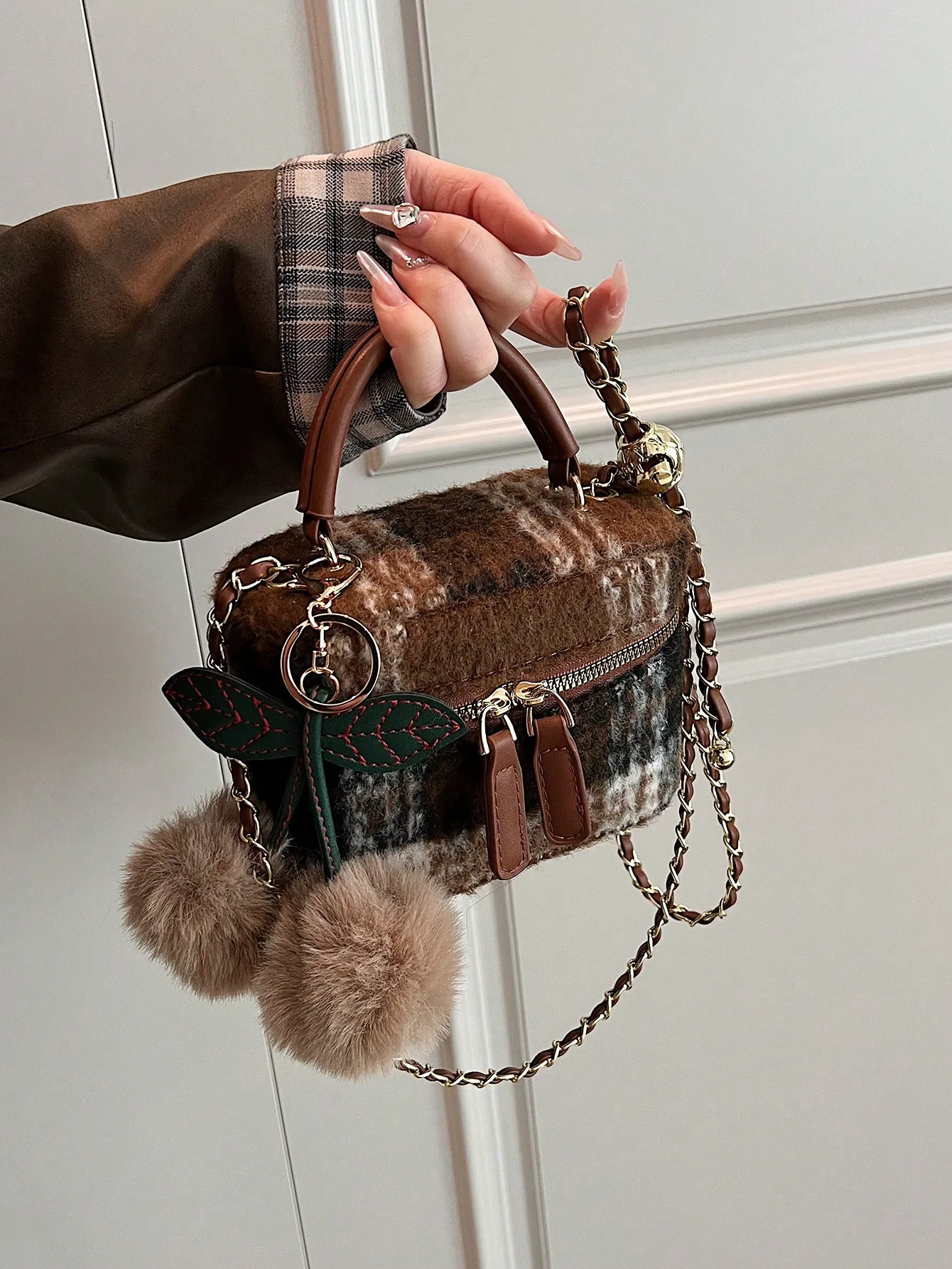 

Autumn Brown Plaid Furry Top-Handle Bag with Chain Strap, Leaf Charm & Fur Poms