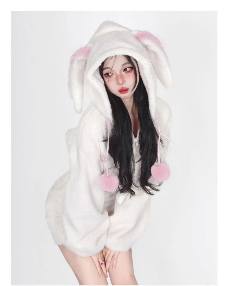 Sweet Kawaii Rabbit Ears Hoodie Long Sleeve Zipper Coat Women+ Y2k High Waist Bodycon Split Skirts 2024 New Two Piece Sets