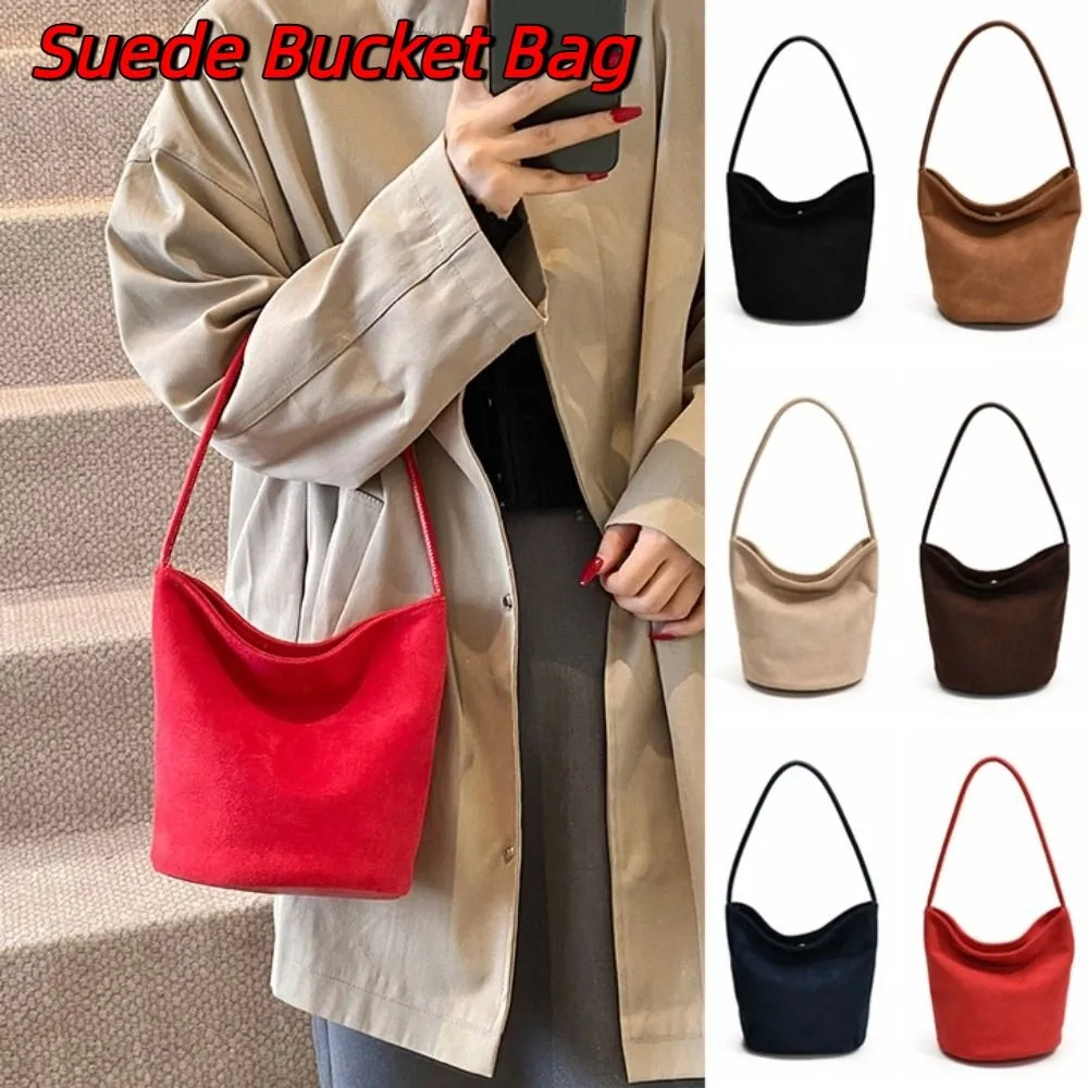 

Casual Pu Leather Suede Bucket Bag Fashion Handbag Velvet Shoulder Bag Simple Large Capacity Pu Tote Bag Streetwear