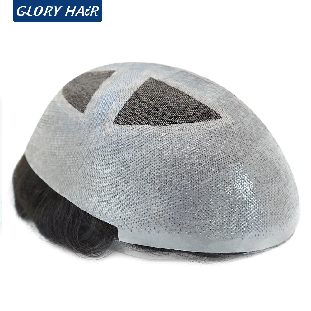Q4 115% Density Men's Capillary Prosthesis French Lace With Super Thin Skin Base V‑Loop Front Human Hairpieces For Men