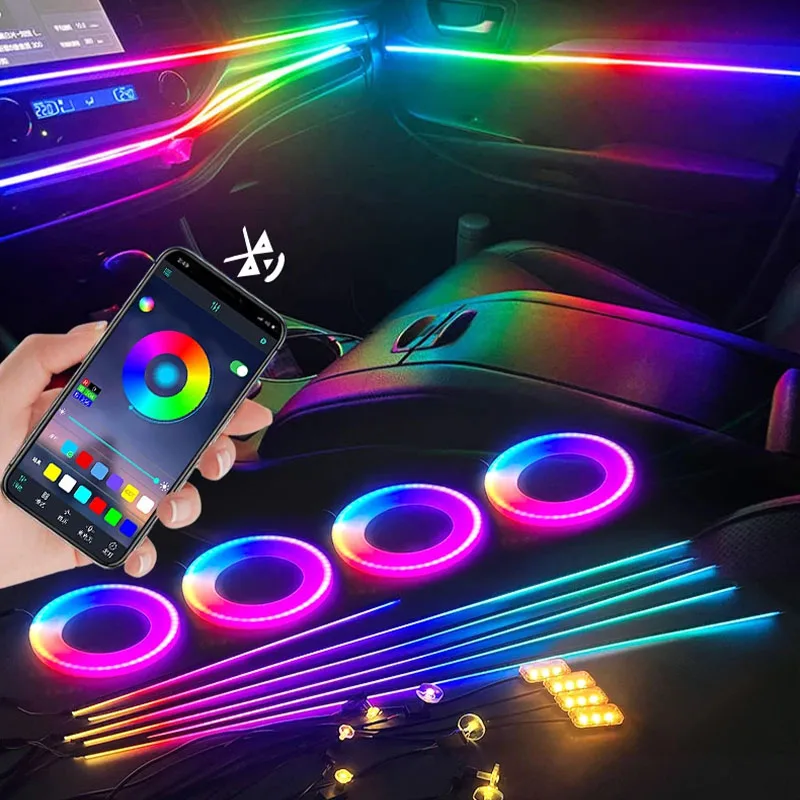 

22 in 1 Dual Zone Symphony LED Car Ambient Lights RGB 64 Colors Interior Rainbow Acrylic Strip Neon Atmosphere Lighting Kit App