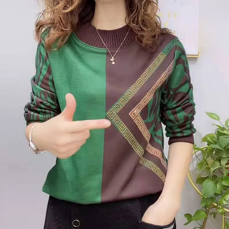 Women's 2022 Vintage Geometric Printed Patchwork T-shirt Autumn Winter Fleece Warm Fashion Diamonds Half High Collar Pullovers