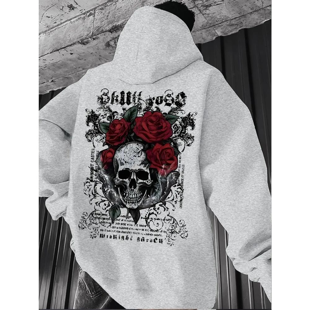 Men Street Hoodie Dark Gothic Skull Red Rose Retro Ornament Text Back Print Hip‑hop Loose Fleece Pullover Sweatshirt