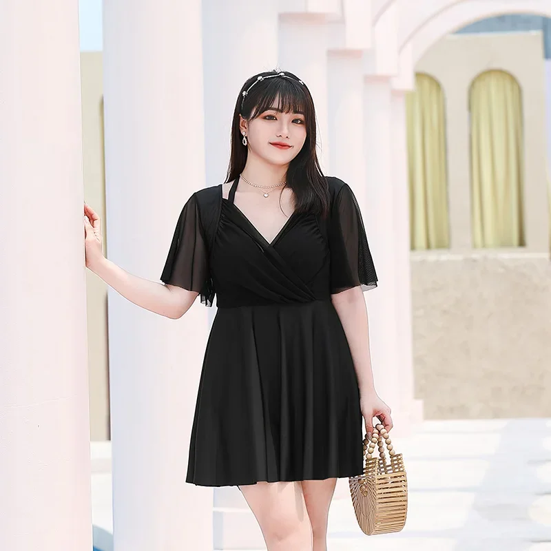 Large Size Swimwear Women Swimming Costume Plus One Piece Swimsuit with Boyshort Skirted Underwear Black Bathing Suits Swimdress