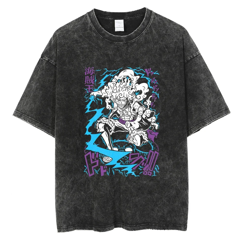 Harajuku Fashion Vintage T-Shirt Japanese ONE PIECE Anime Graphic Oversize T Shirt Washed Tshirt Men Summer Cotton Tops Tees