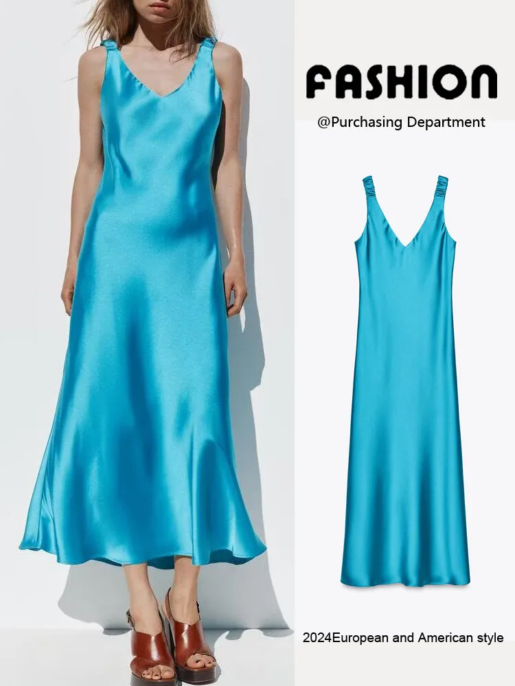 فستان نسائي أنيق من الساتان الحريري بدون أكمام من Spring New Arrival، فستان ميدي بخصر عالٍ ورقبة على شكل حرف V، قطعة واحدة