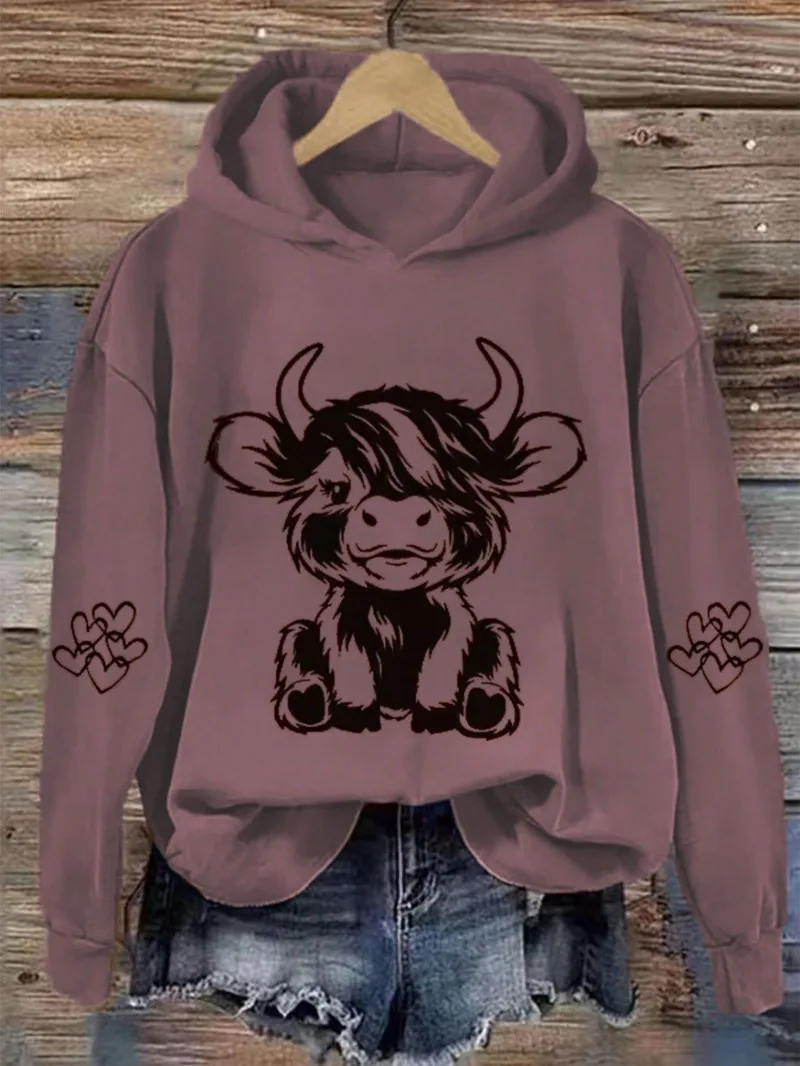 Cow Sweatshirts for Women Cute Cow Sweatshirt for Women Western Cow Print Shirt Country Western Casual Hooded Pullover Pink