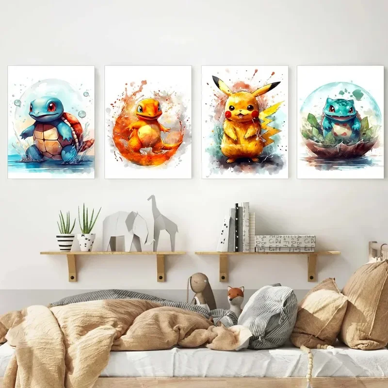 Anime Pokemon Canvas Painting Bulbasaur Charmander Squirtle Poster and Print Watercolor Wall Art Picture Home Decor Kids Gifts