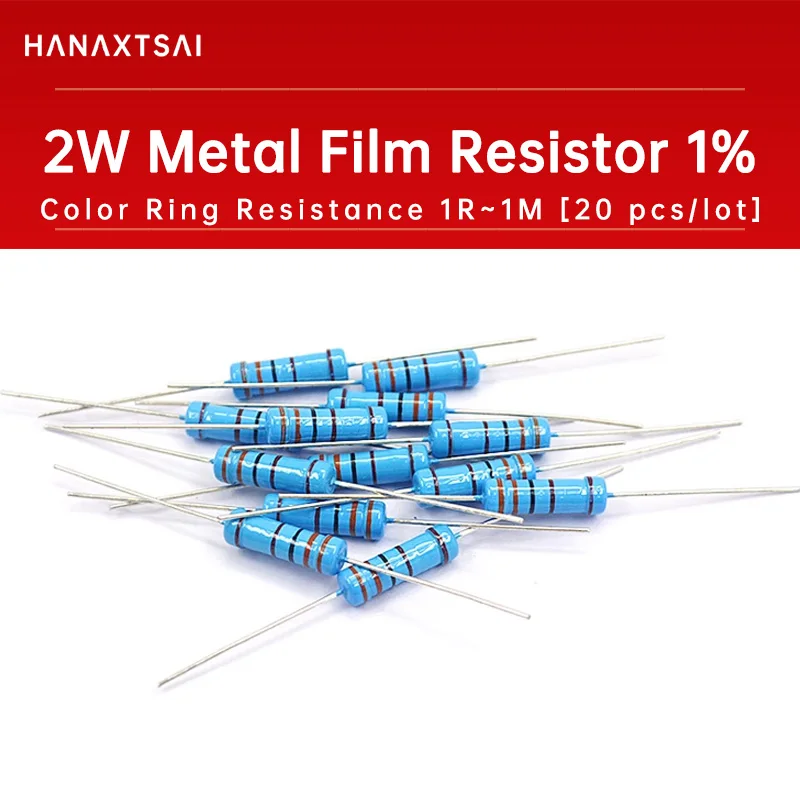 Metal o resistor do filme, resistência do ohm, 2W, 1R ~ 22M, 1%, 100R, 220R, 1K, 1.5K, 2.2K, 4.7K, 10K, 22K, 47K, 100K, 220, 1K5, 2K2, 4K7, 20 PCes