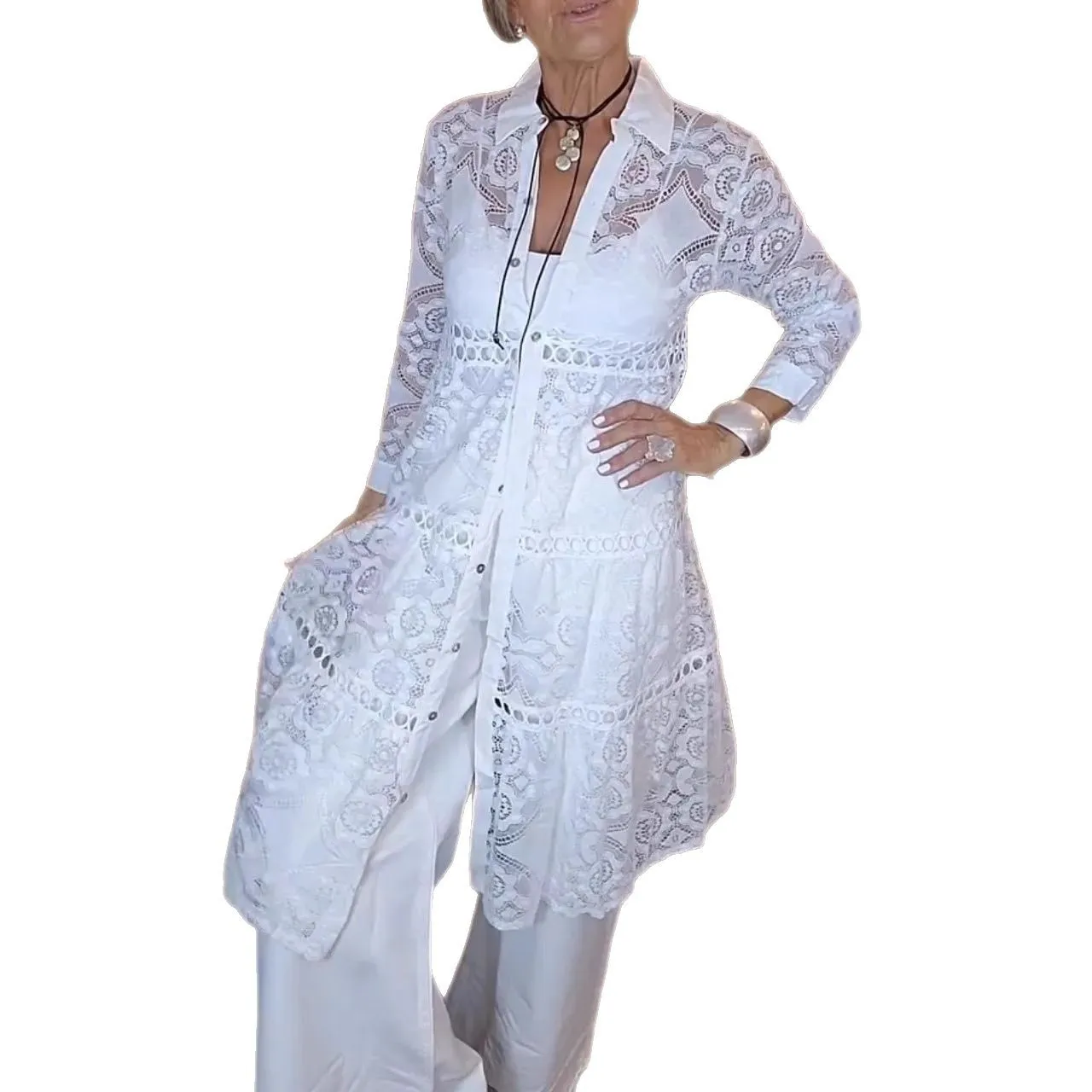 2025 new women's collar embroidered lace shirt long top, elegant temperament white top