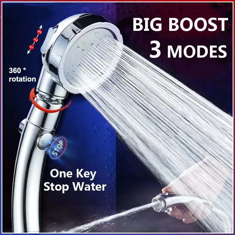 

3 Modes High Pressure Big Boost Shower Head Water Saving Chrome Round ABS Rainfall Shower With Stop Button Bathroom Accessoies
