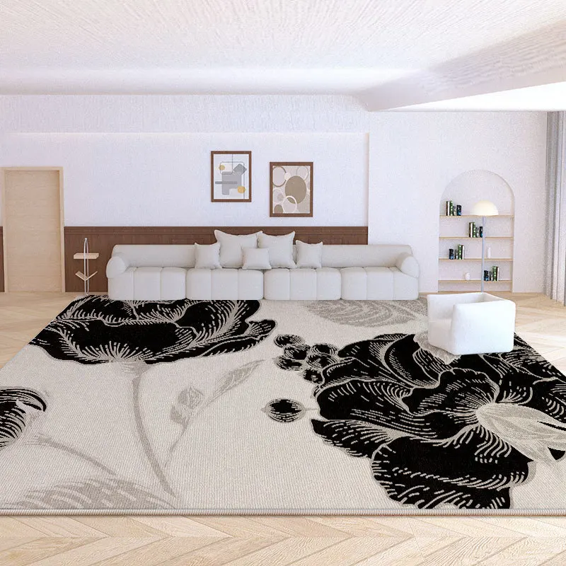 Vintage Chinese Style Living Room Carpet Black Flower Simple Home Rug Decor for Bedroom Office Sofa Coffee Table Study Floor Mat