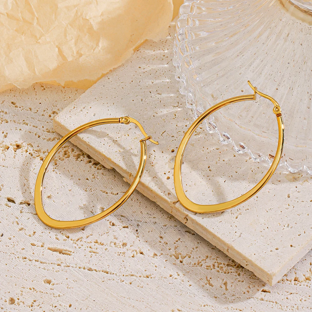 1 Pair Round Circle Flat Hoop Earrings Women Girls Gold Plated Exaggerated 60MM Big Wedding Hoops Ear Stainless Steel Jewelry