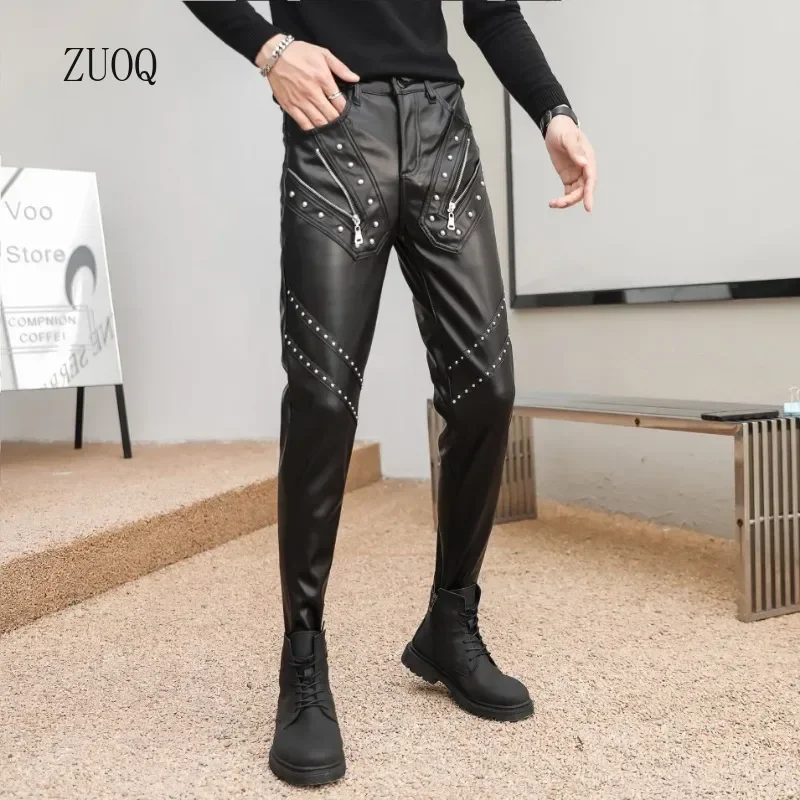 2025 New Arrived Skinny Biker Leather Pants Men\'s New Faux Leather Biker Trousers for Male Trouser Stage Club Wear