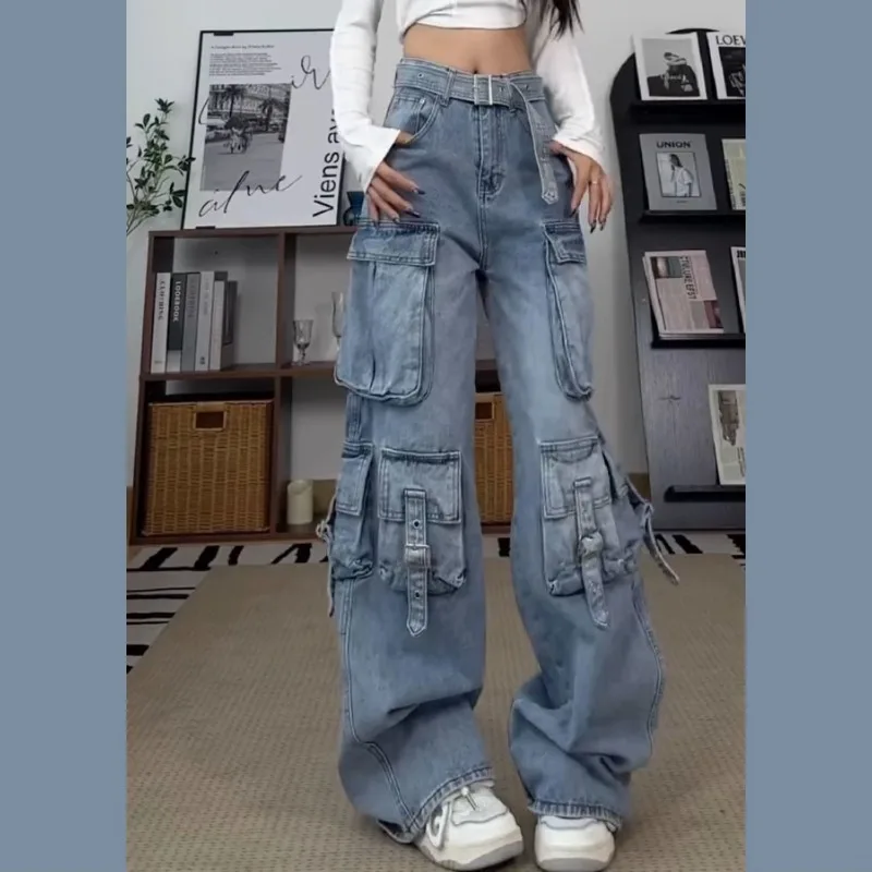 

Street Heavy 3D Multiple Pockets Jeans for Women Y2k High Waist Loose Wide Leg Pants 2025 Summer New Straight Denim Pants