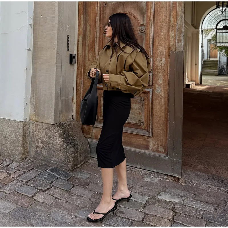 Revers-Langarm-Plissee-Kurzmäntel für Damen, Street-Style, mit Umlegekragen, Epauletten, einreihige Jacken, schicke Damen-Oberbekleidung, neu – Detail 13