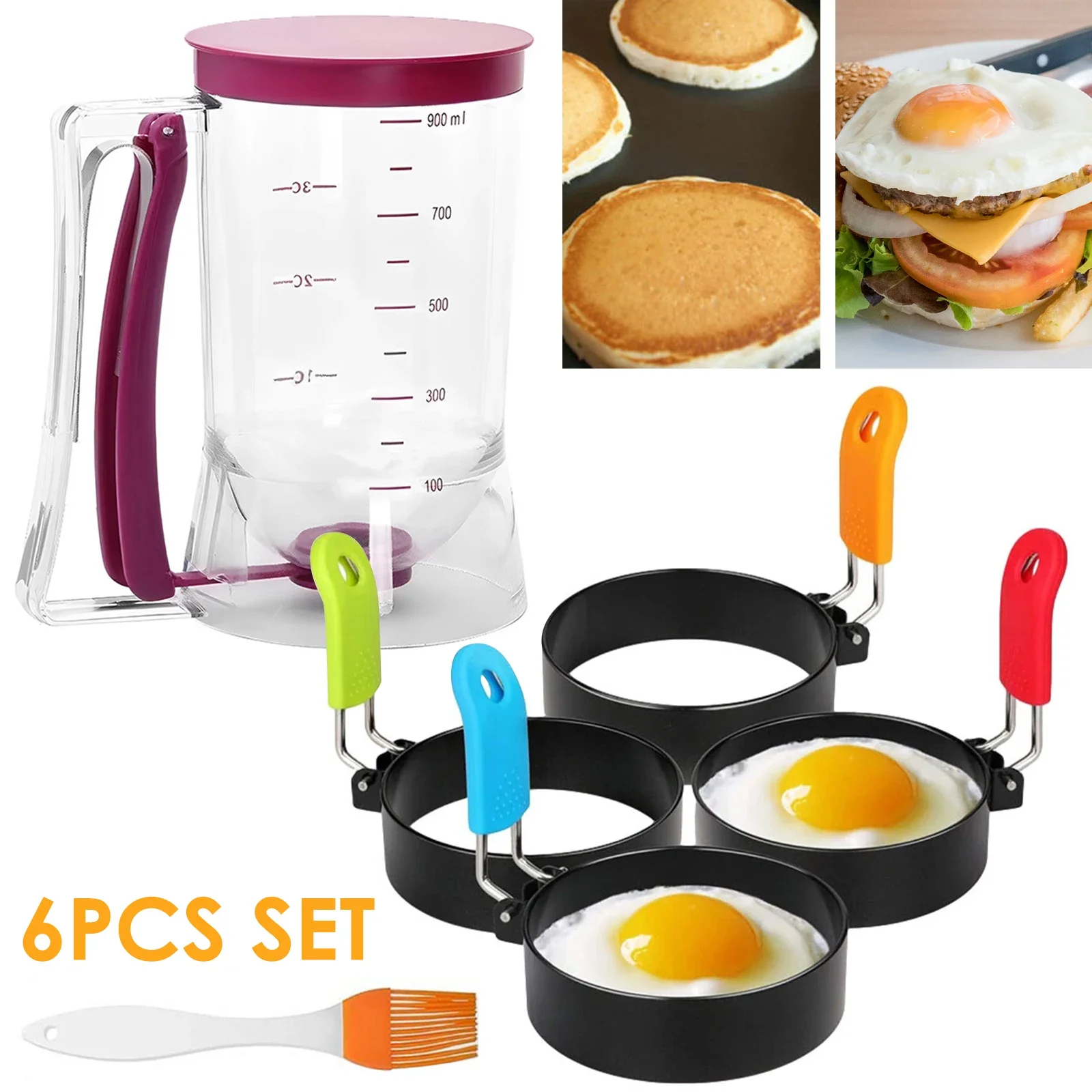 

Circular Fried Egg Ring Mold Handheld 900ml batter dispenser Comes with oil brush set Easy to Use Cupcake Dispenser