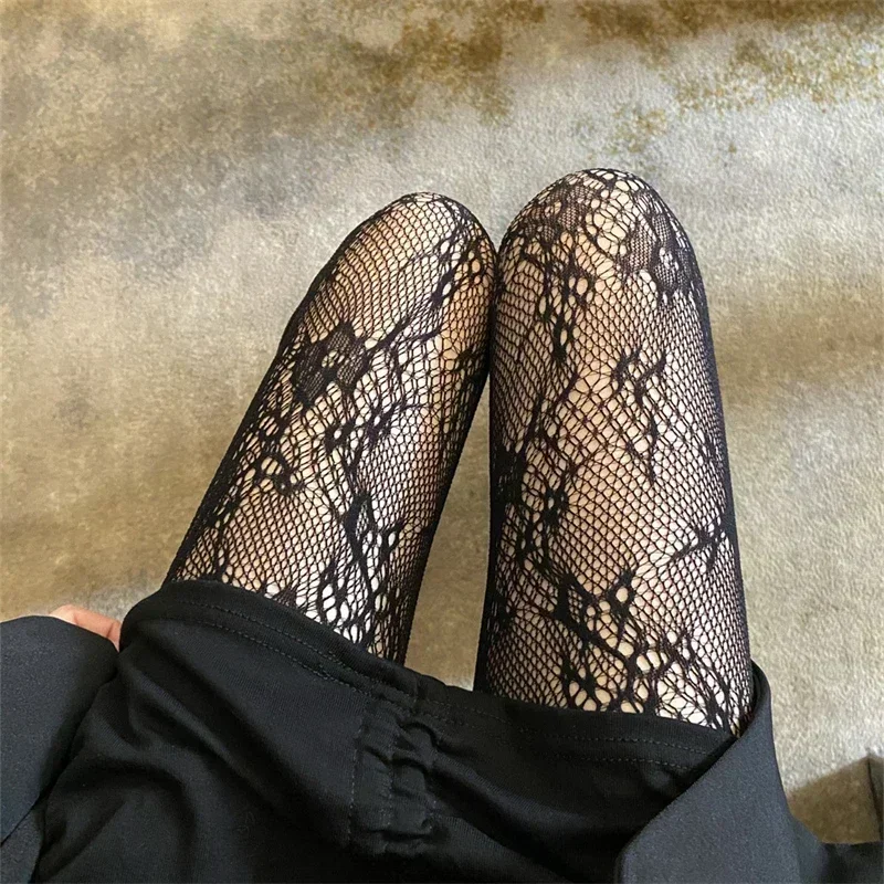 Sexy Black White Lolita Hollowed Lace Mesh Stockings Bottomed Pantyhose Japanese Goth Floral Rattan Tights Hot Classic Leggings