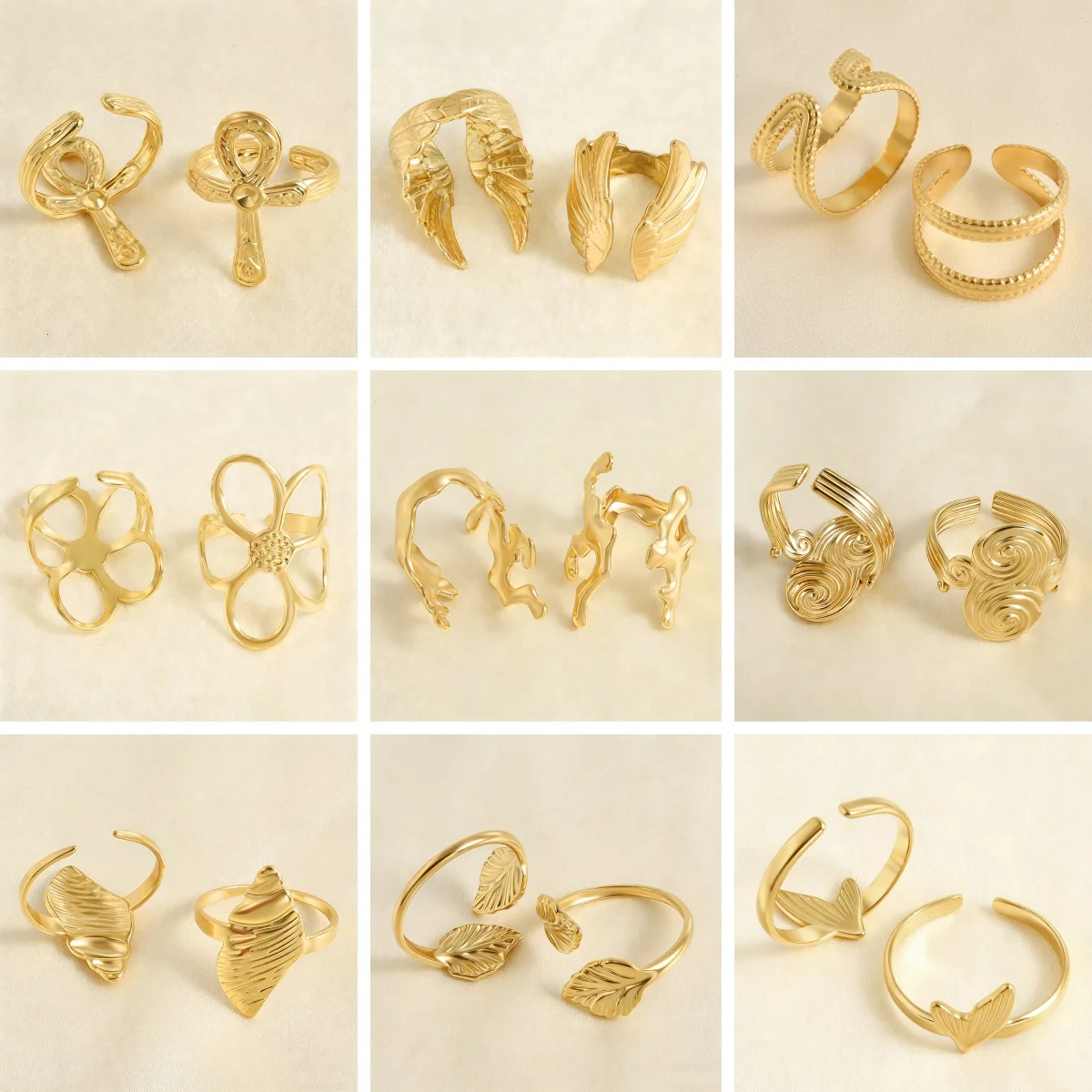 Stylish 18K Gold Plated Rings Cross Conch Abstract Fishtail Flower Leaf Stainless Steel Rings Women Jewelry Accessories Gift New