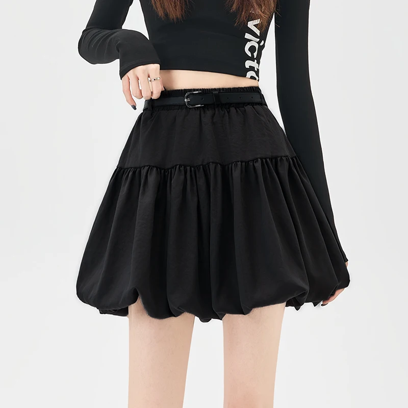 Y2K High Waist Fluffy Skirt Women Flower Bud Lantern Skirt Elastic Waist A-Line Autumn Half Skirt