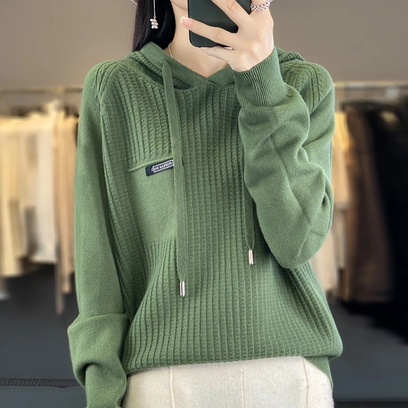 Autumn And Winter New Cashmere Hooded Women Solid Color Sweater Loose Hoodie Knitted Cashmere Sweater