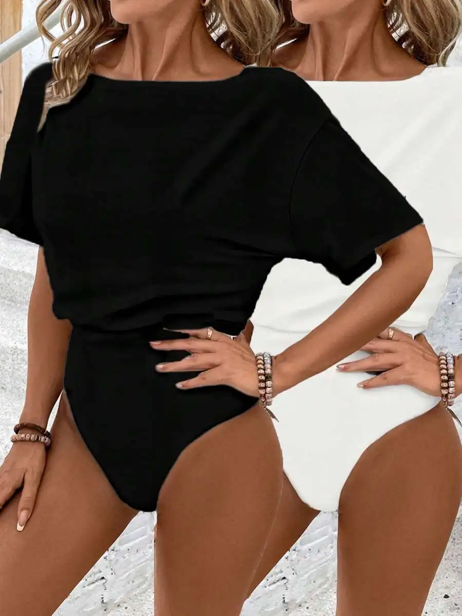 

2-Piece Solid Color Short Sleeve Bodysuit Set - Casual Minimalist Style for Spring Summer