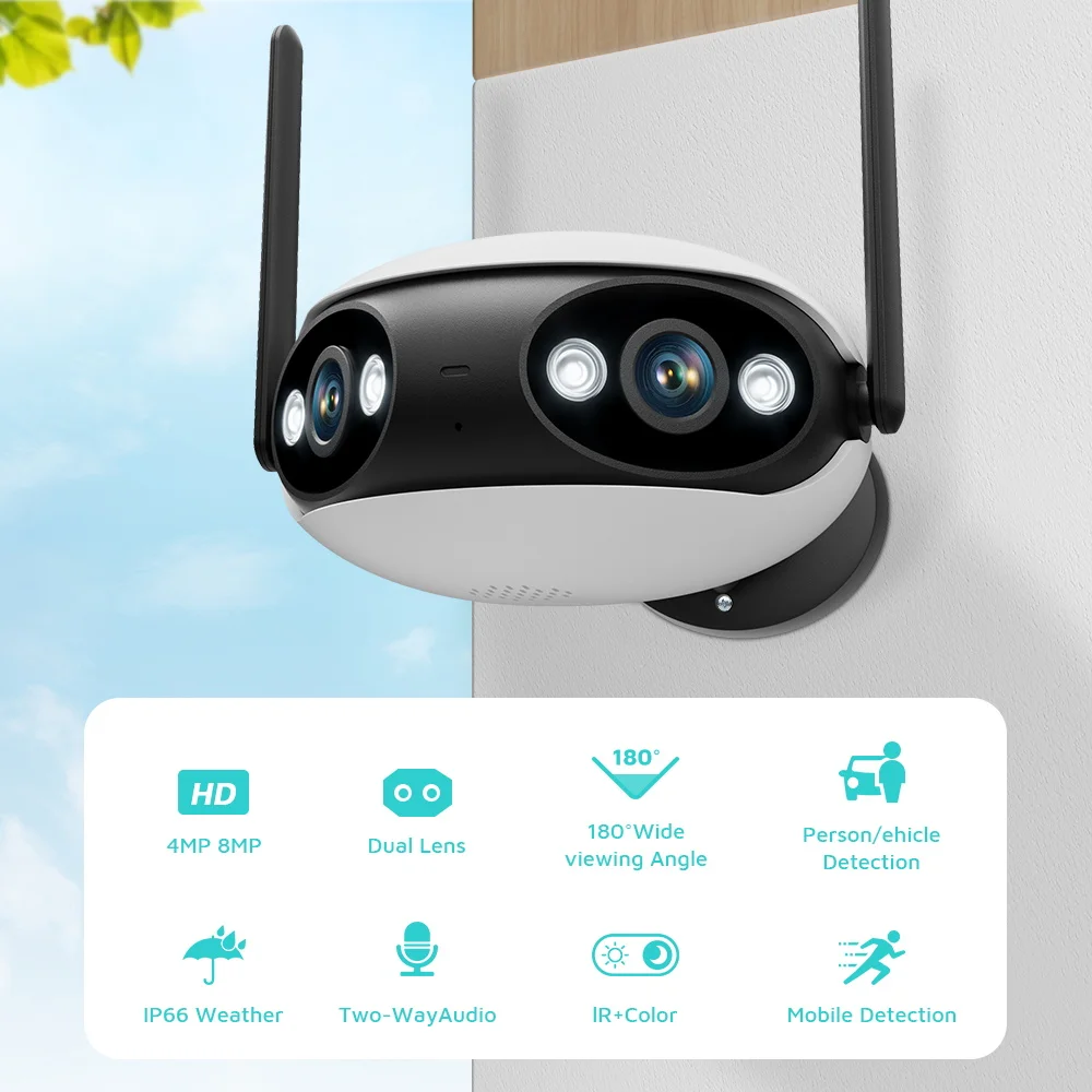 ABUNTU 8MP 4K Wifi Camera Outdoor Security 4MP 180° Ultra Wide View Angle AI Huamn Detection Video Surveillance Camera ICsee APP