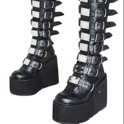 Botas de couro até o joelho para mulheres, sapatos de salto alto, cosplay, tubo longo, cavaleiro, punk, gótico, clássico, preto, inverno